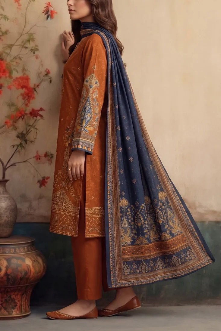 Rust Orange Embroidered Khaddar 3-Piece Winter Collection - image 4