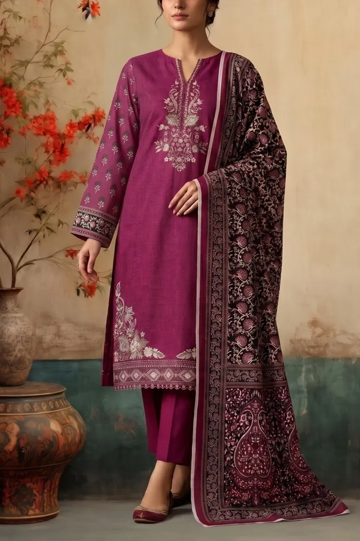Magenta Embroidered Khaddar 3-Piece Winter Collection - image 1