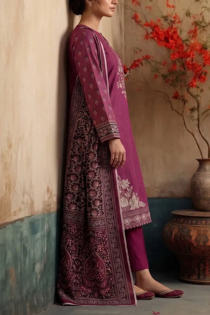 Magenta Embroidered Khaddar 3-Piece Winter Collection - image 2