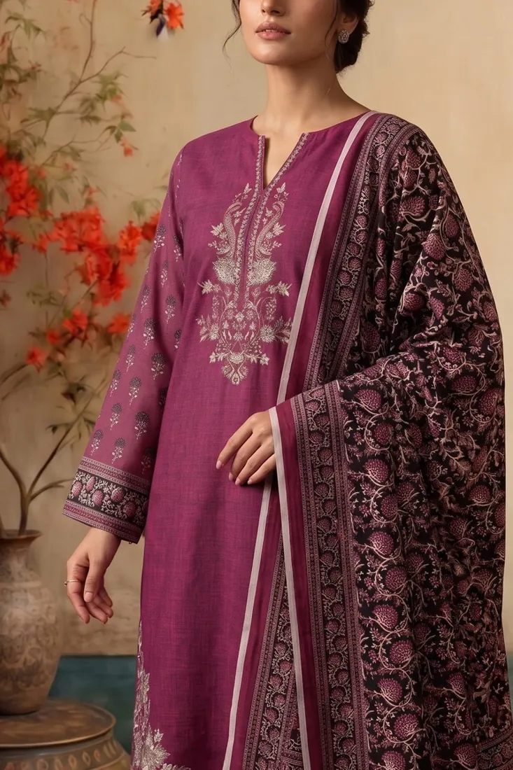 Magenta Embroidered Khaddar 3-Piece Winter Collection - image 3