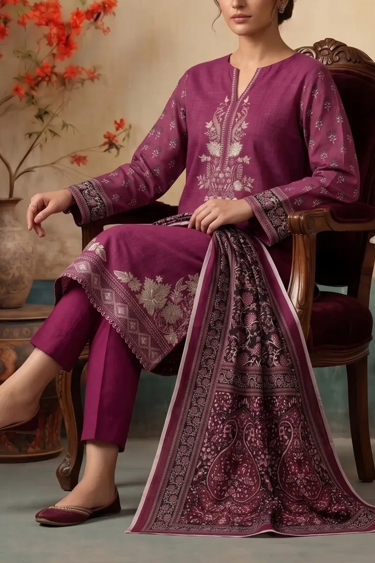 Magenta Embroidered Khaddar 3-Piece Winter Collection - image 4