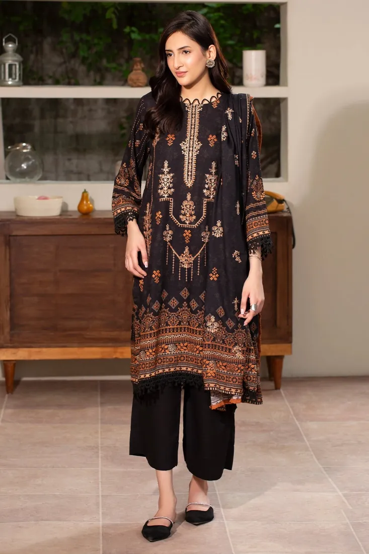 Black Embroidered Printed Karandi 3-Piece Winter Collection - image 2