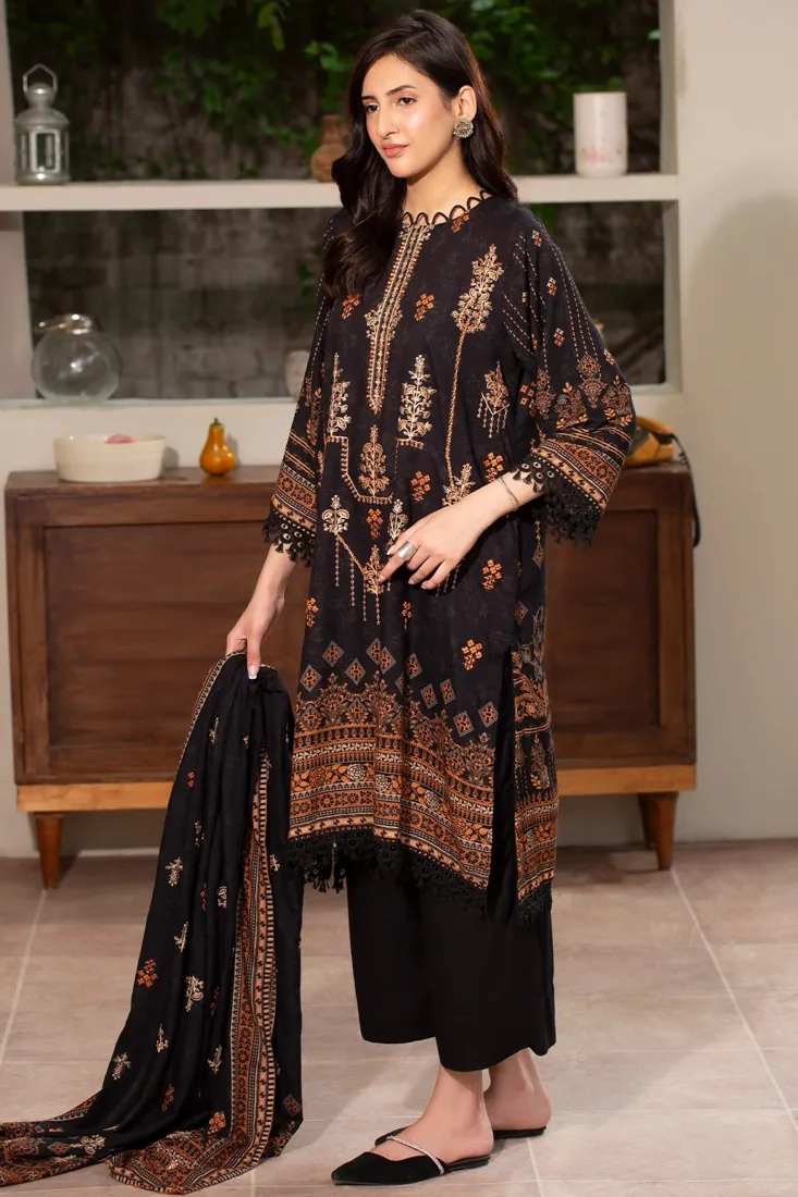 Black Embroidered Printed Karandi 3-Piece Winter Collection - image 4