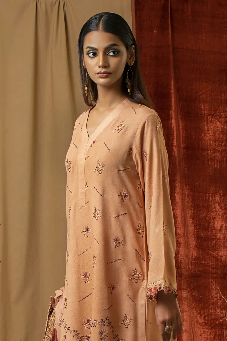 Peach Embroidered Karandi 3-Piece Winter Collection - image 2