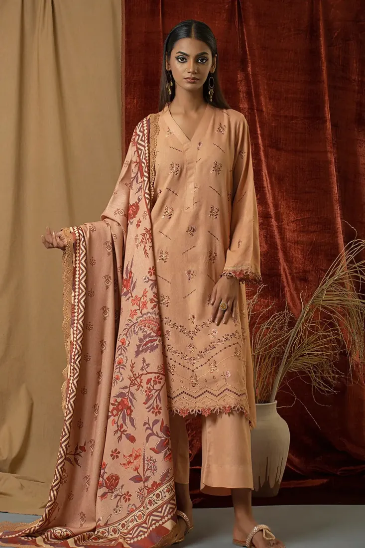 Peach Embroidered Karandi 3-Piece Winter Collection - image 4