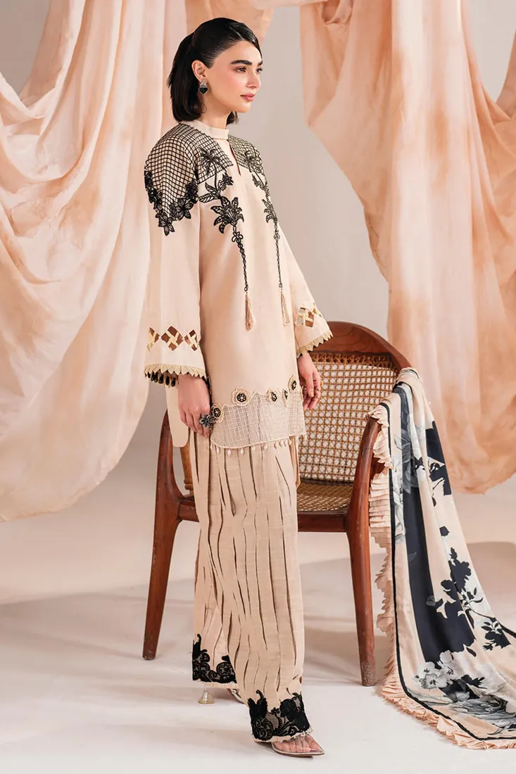 Beige Khaddar 3-Piece with Organza Embroidery Winter Collection - image 3