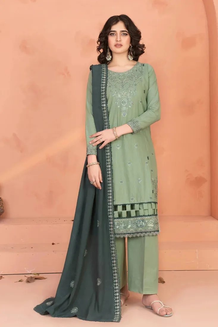 Soft Green Embroidered Khaddar 3-Piece Winter Collection - image 1