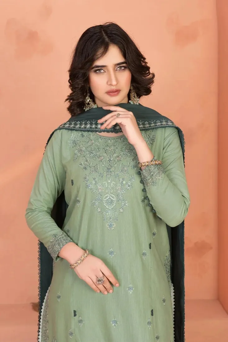 Soft Green Embroidered Khaddar 3-Piece Winter Collection - image 3
