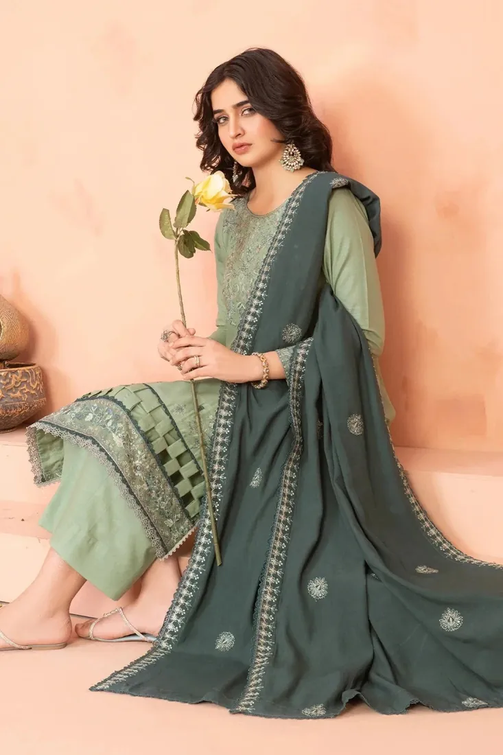 Soft Green Embroidered Khaddar 3-Piece Winter Collection - image 4
