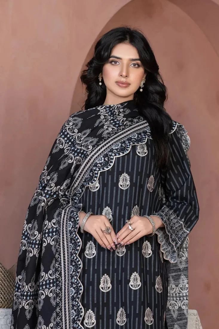 Charcoal Embroidered Printed Khaddar 3-Piece Winter Collection - image 3
