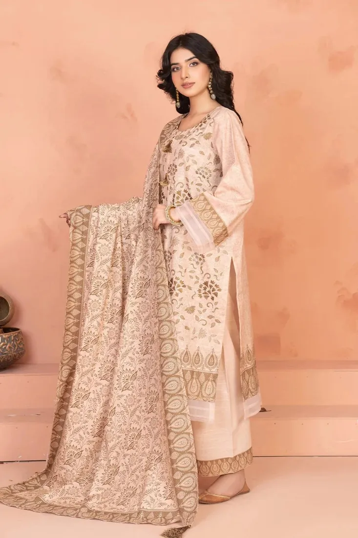Cream Embroidered Printed Khaddar 3-Piece Winter Collection - image 3