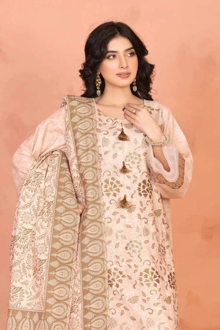 Cream Embroidered Printed Khaddar 3-Piece Winter Collection - image 4