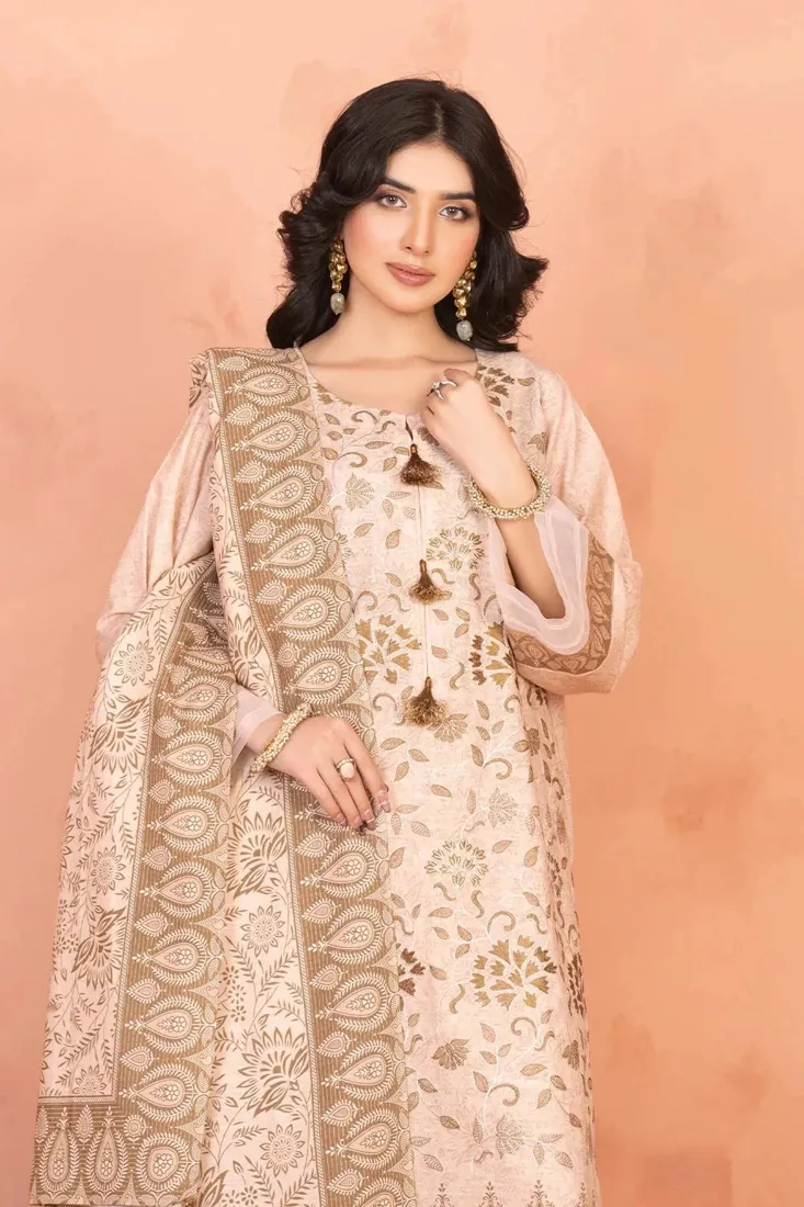 Cream Embroidered Printed Khaddar 3-Piece Winter Collection - image 5