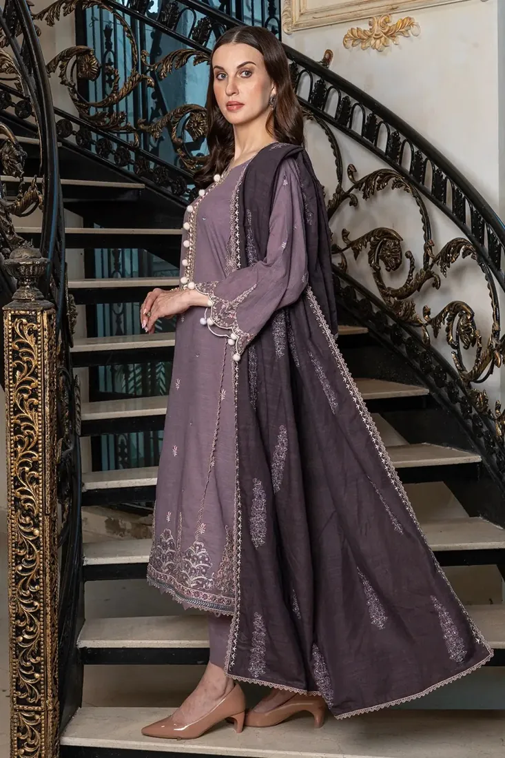 Faded Purple Embroidered Khaddar 3-Piece Winter Collection - image 3