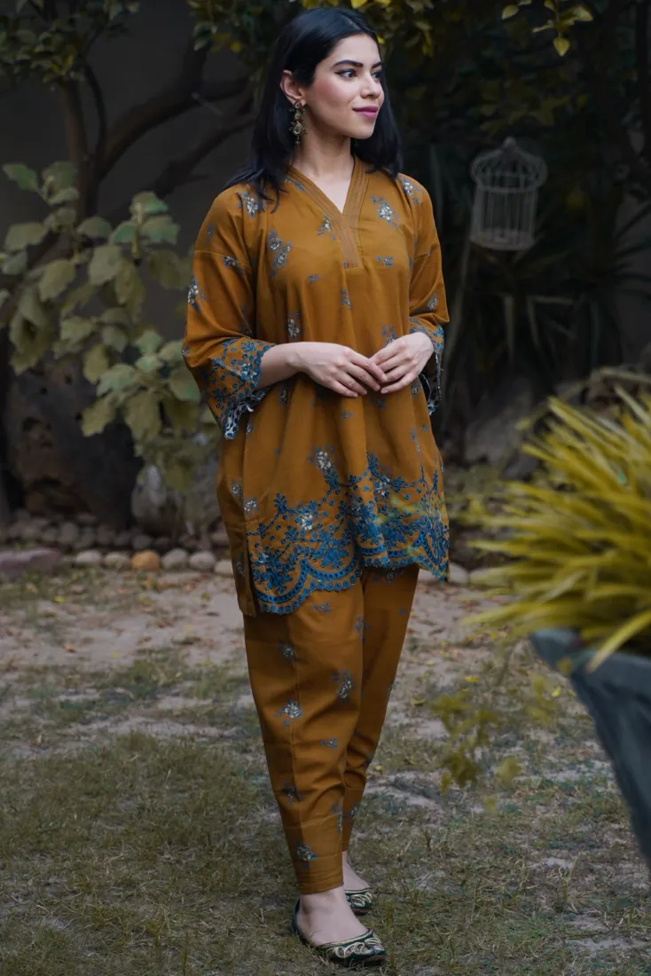 Mustard Embroidered Printed Slub Khaddar 2-Piece Winter Collection - image 1