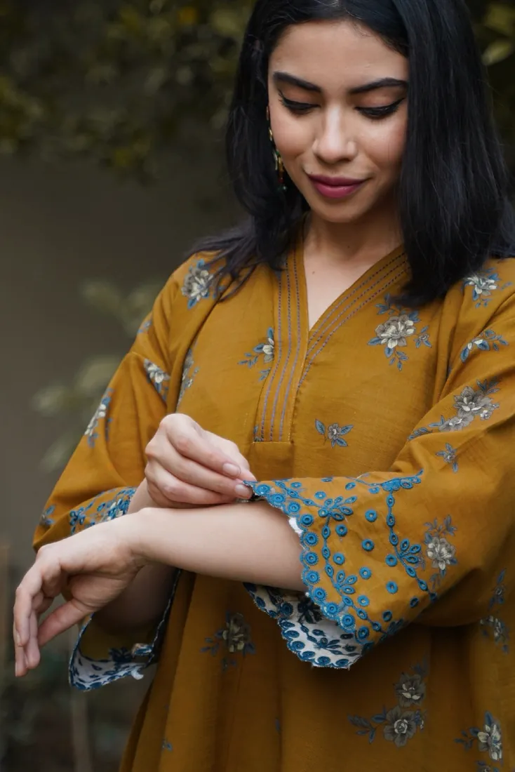 Mustard Embroidered Printed Slub Khaddar 2-Piece Winter Collection - image 2