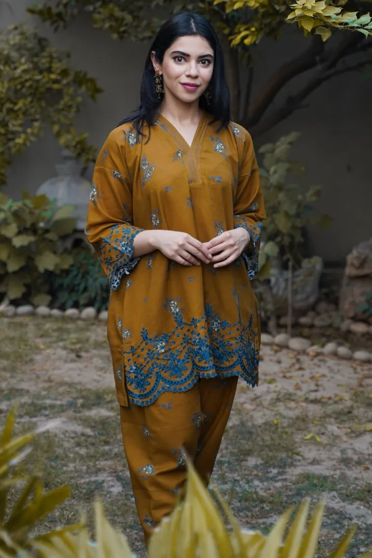 Mustard Embroidered Printed Slub Khaddar 2-Piece Winter Collection - image 3