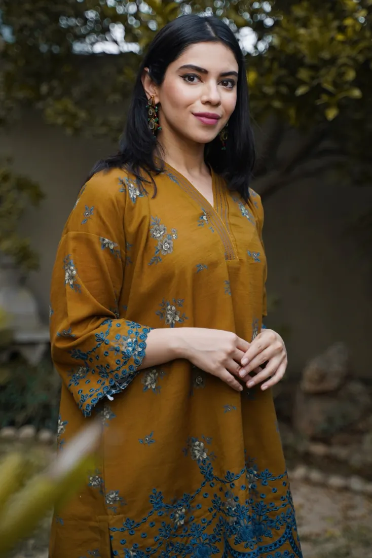 Mustard Embroidered Printed Slub Khaddar 2-Piece Winter Collection - image 4