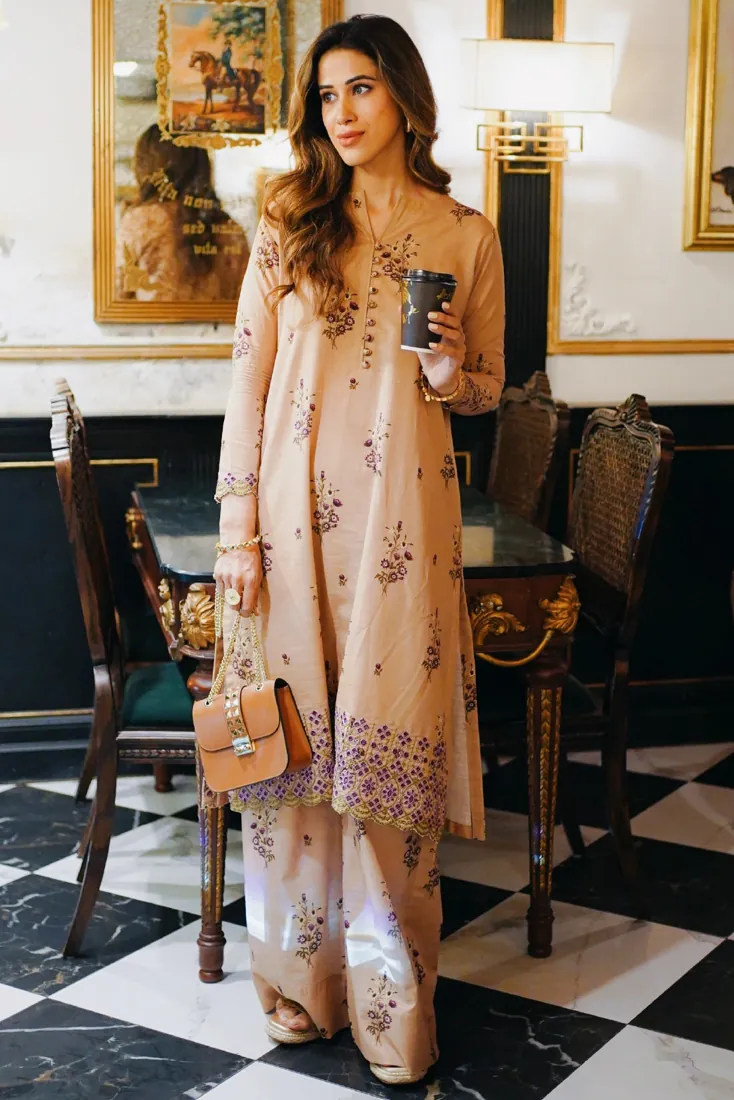 Camel Beige Embroidered Printed Slub Khaddar 2-Piece Winter Collection - image 1