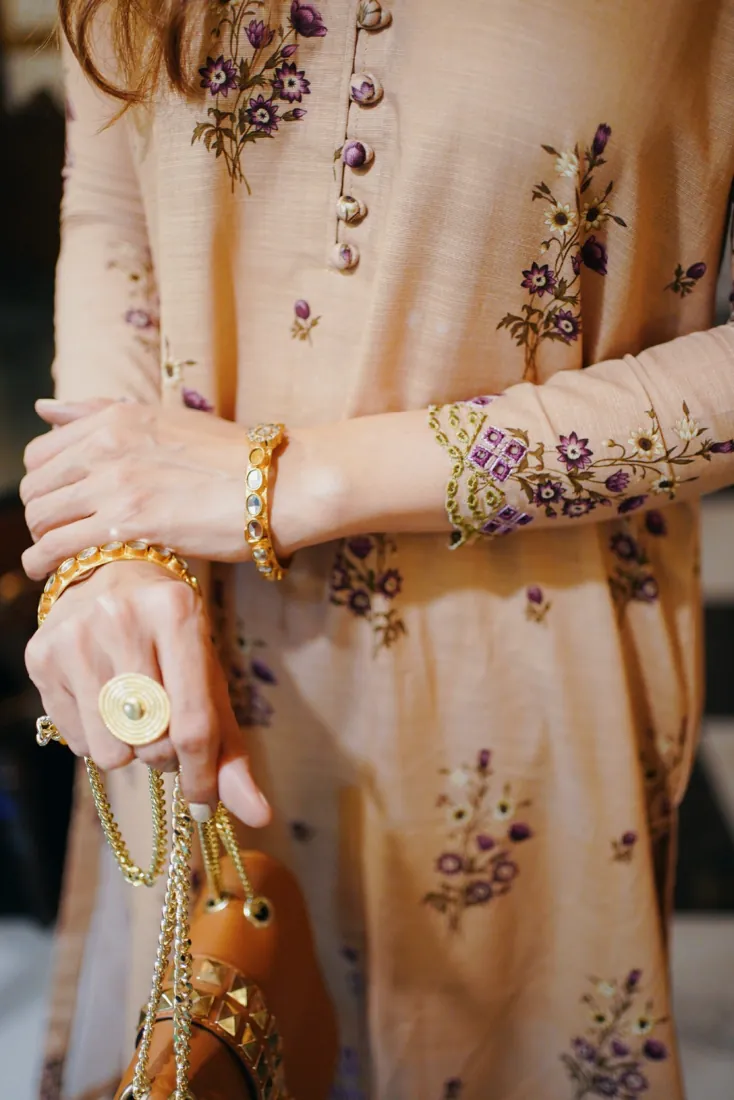 Camel Beige Embroidered Printed Slub Khaddar 2-Piece Winter Collection - image 2