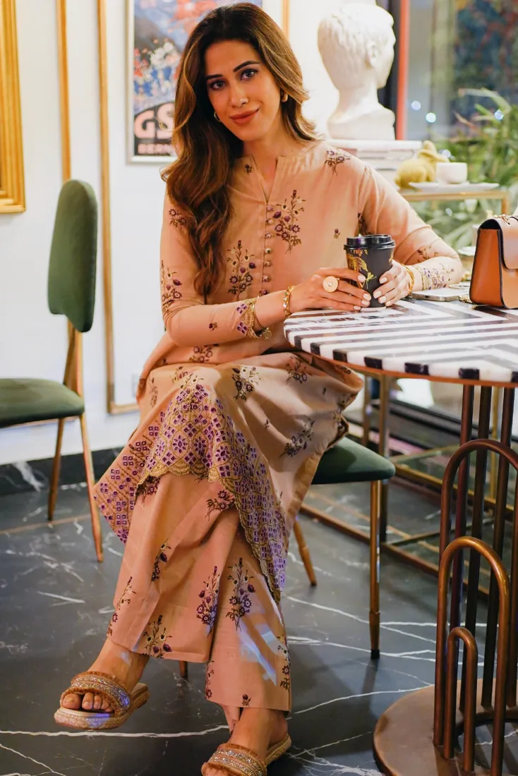 Camel Beige Embroidered Printed Slub Khaddar 2-Piece Winter Collection - image 3