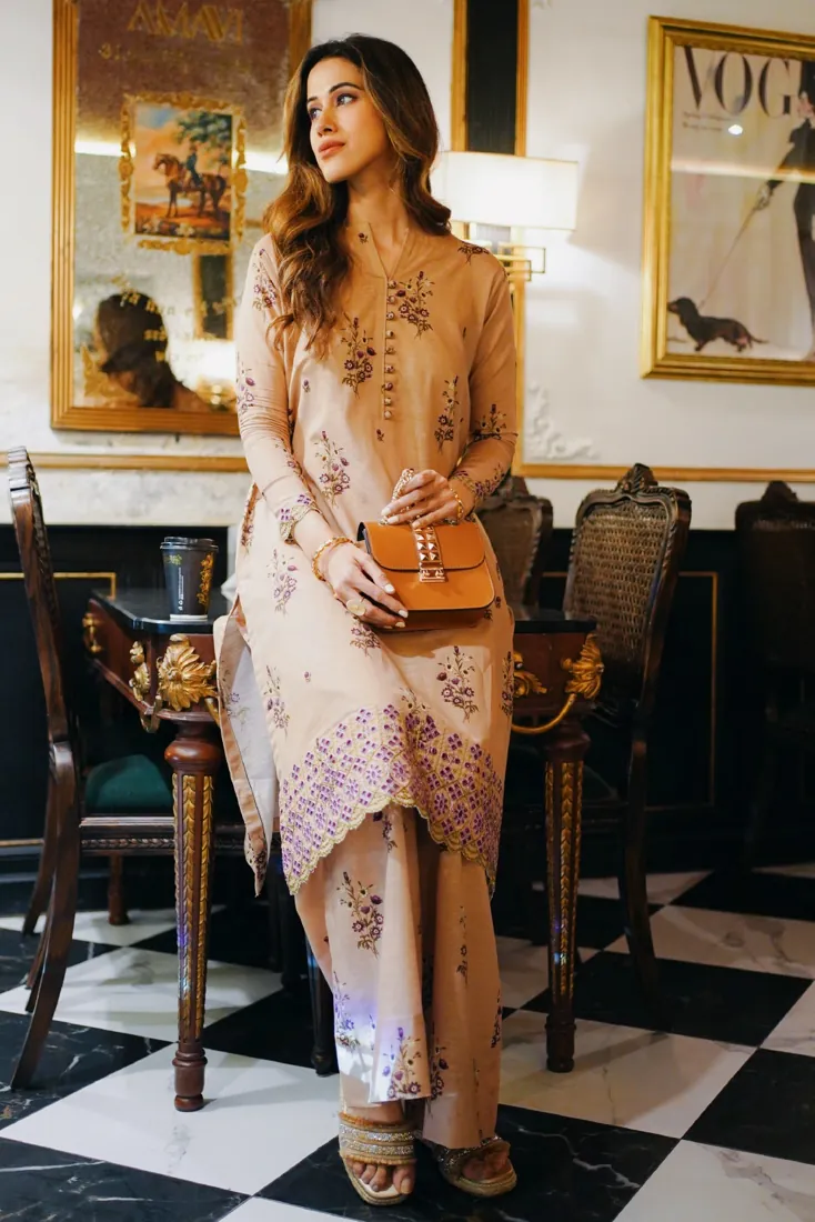 Camel Beige Embroidered Printed Slub Khaddar 2-Piece Winter Collection - image 4