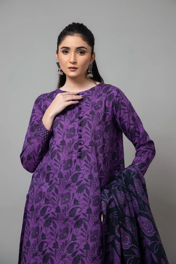 Purple Printed Slub Khaddar 2-Piece Winter Collection - image 4