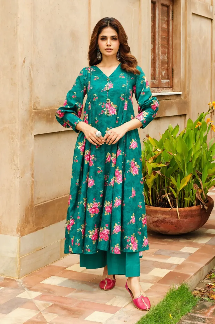 Green Printed Slub Khaddar 2-Piece Winter Collection - image 1