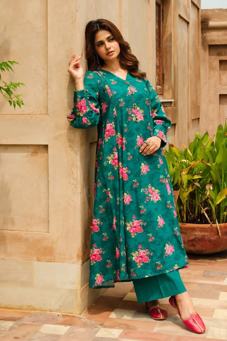 Green Printed Slub Khaddar 2-Piece Winter Collection - image 3