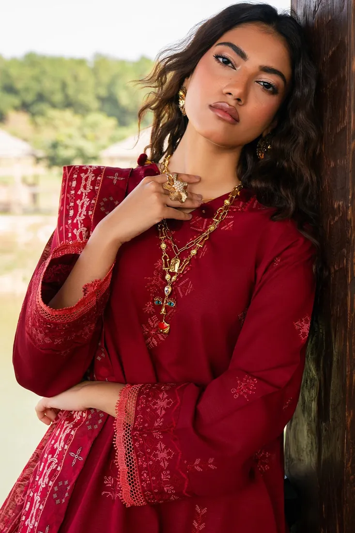 Red Embroidered Slub Khaddar 3-Piece Winter Collection - image 1