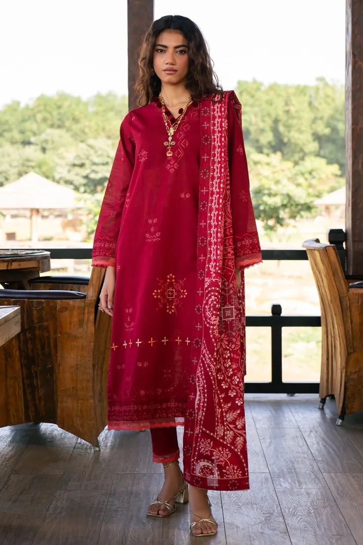 Red Embroidered Slub Khaddar 3-Piece Winter Collection - image 2