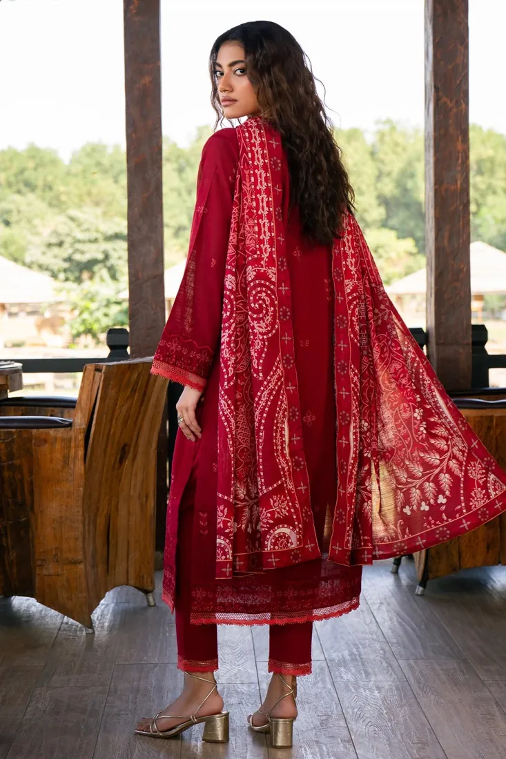 Red Embroidered Slub Khaddar 3-Piece Winter Collection - image 3