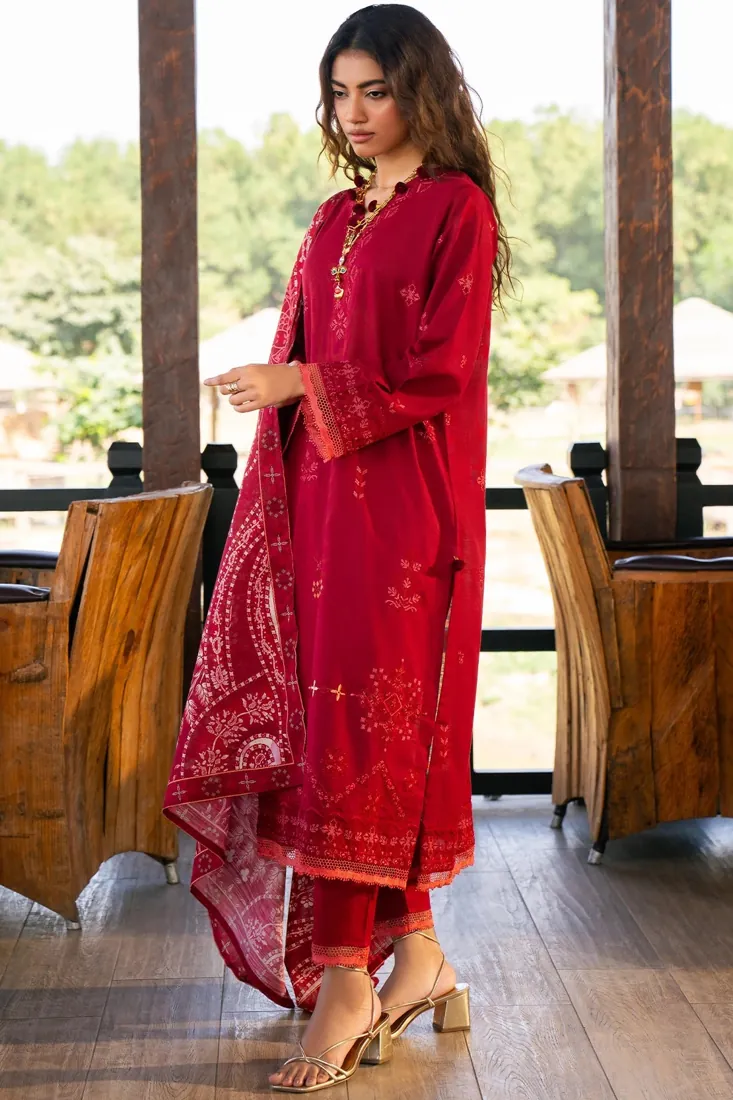Red Embroidered Slub Khaddar 3-Piece Winter Collection - image 4
