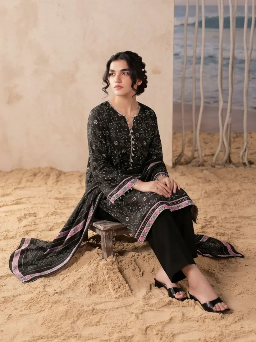 Black Printed Khaddar 3-Piece Winter Collection - image 1
