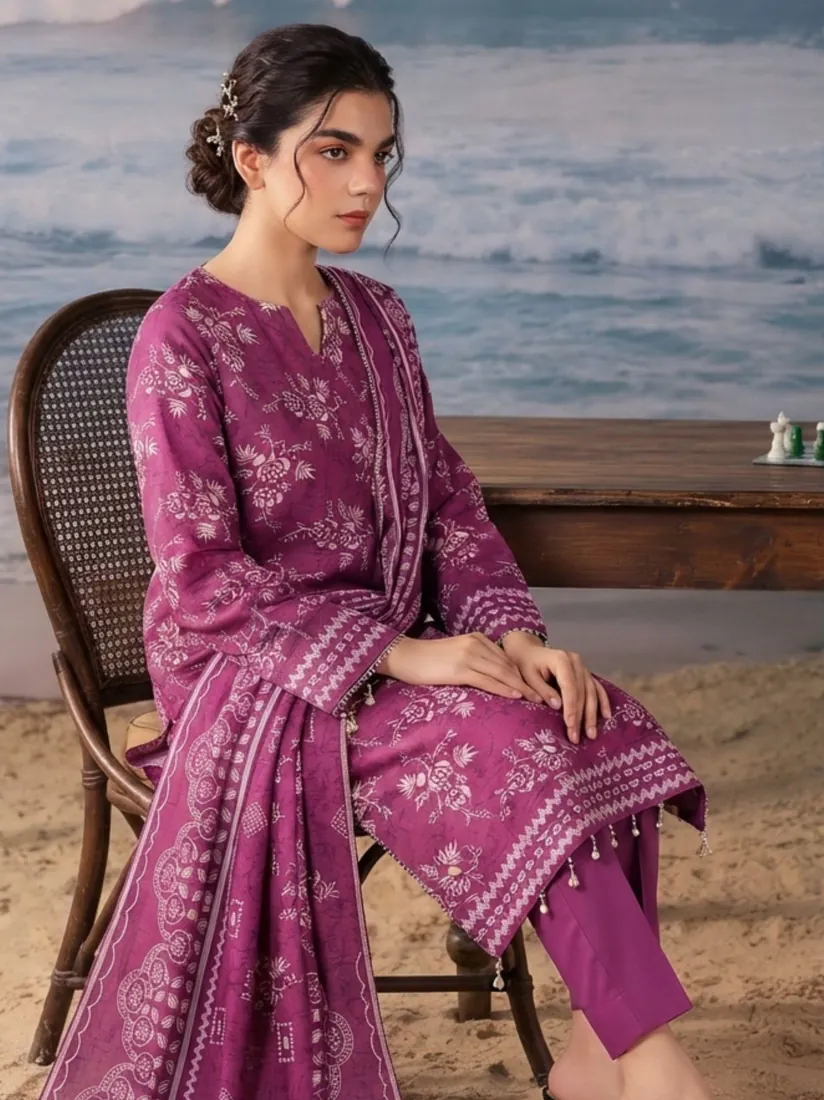 Fuchsia Printed Khaddar 3-Piece Winter Collection - image 1