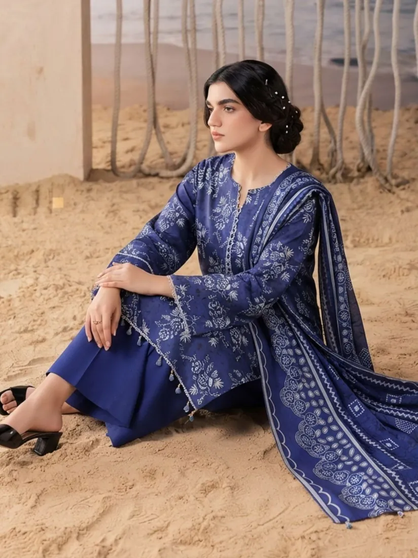 Royal Blue Printed Khaddar 3-Piece Winter Collection - image 1