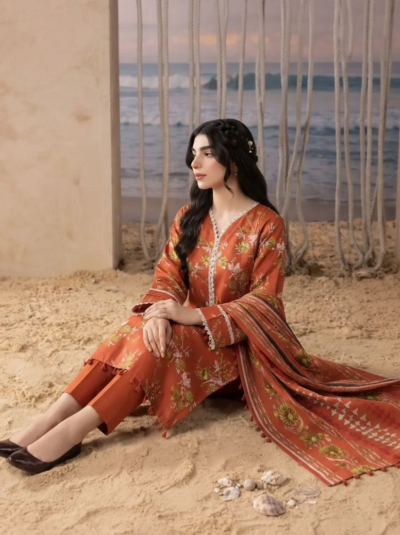Burnt Orange Printed Khaddar 3-Piece Winter Collection - image 1