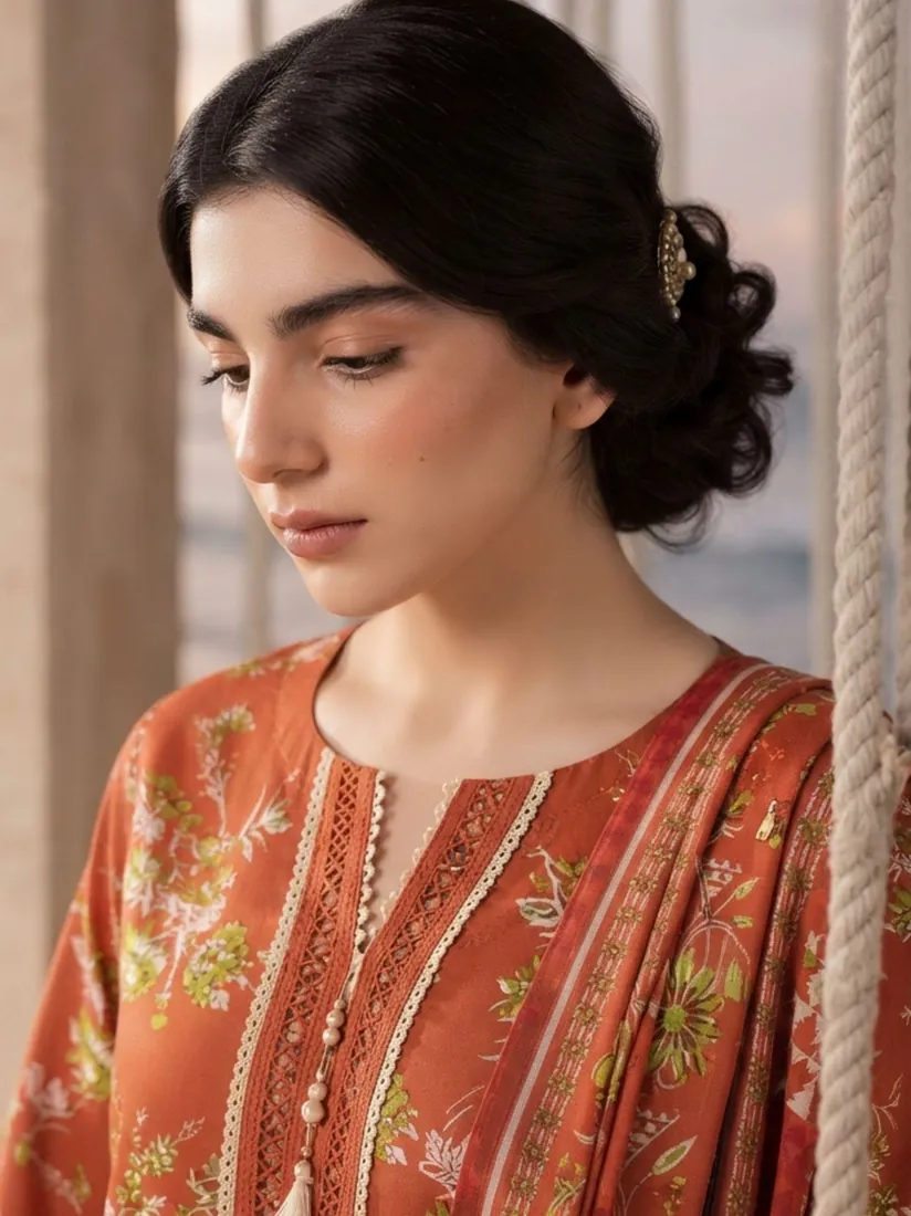 Burnt Orange Printed Khaddar 3-Piece Winter Collection - image 4