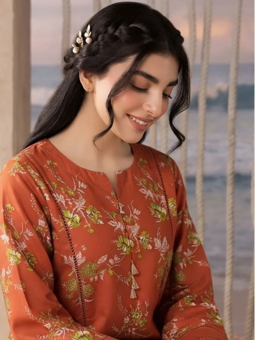 Burnt Orange Printed Khaddar 3-Piece Winter Collection - image 5