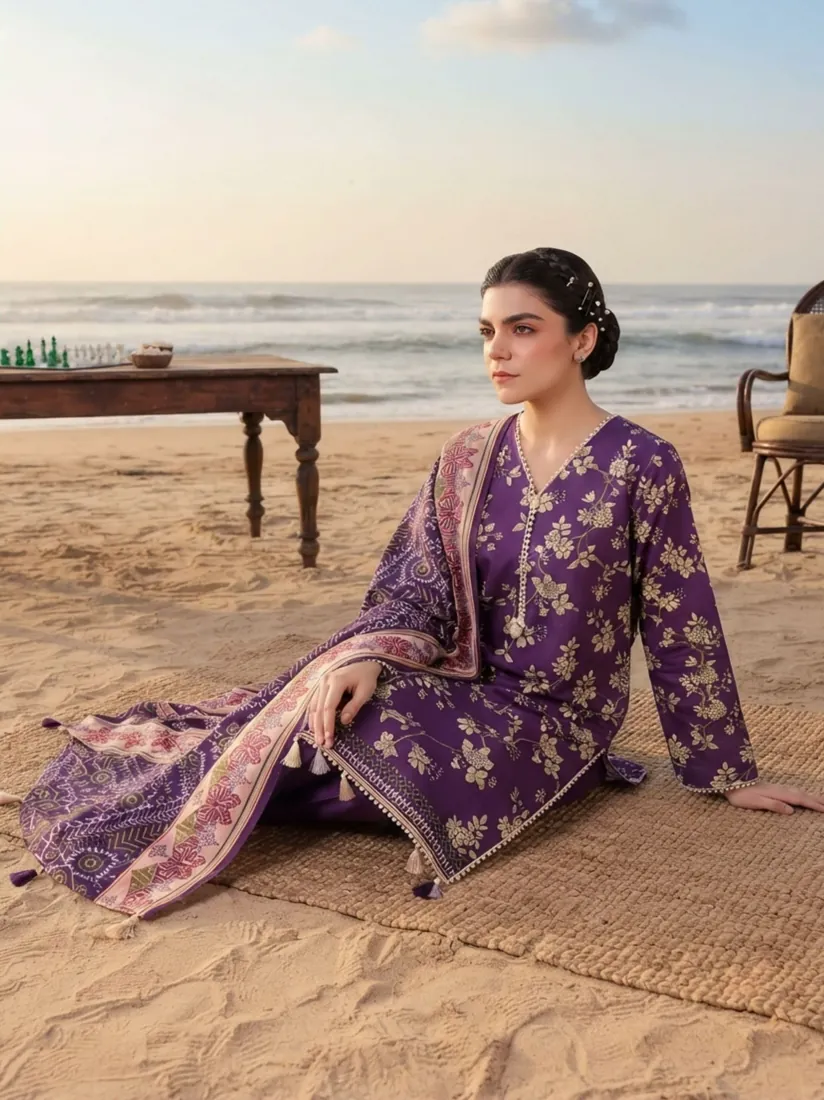 Purple Printed Khaddar 3-Piece Winter Collection - image 1