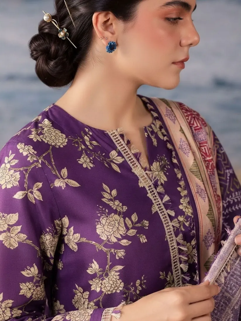 Purple Printed Khaddar 3-Piece Winter Collection - image 3