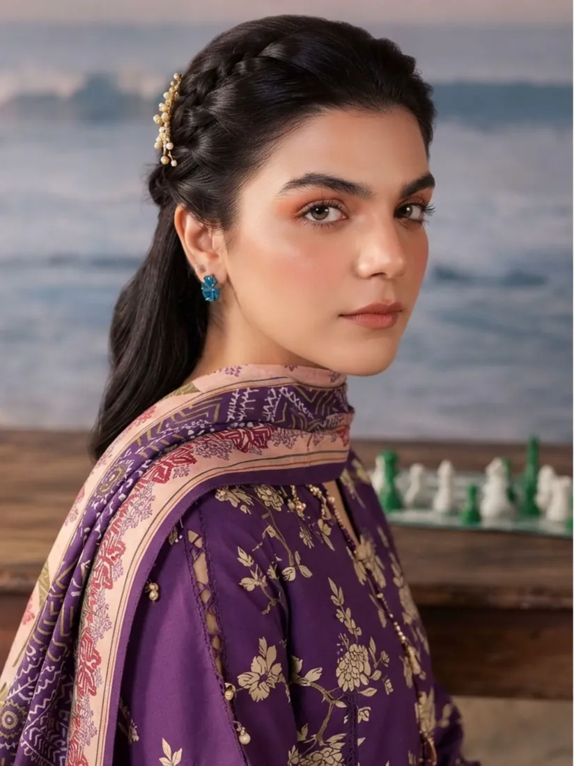 Purple Printed Khaddar 3-Piece Winter Collection - image 4