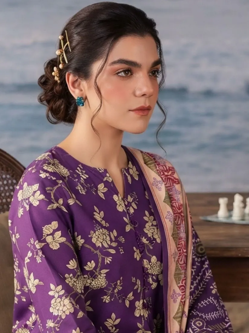 Purple Printed Khaddar 3-Piece Winter Collection - image 5