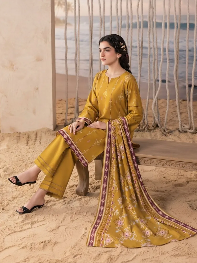 Mustard Yellow Printed Khaddar 3-Piece Winter Collection - image 1