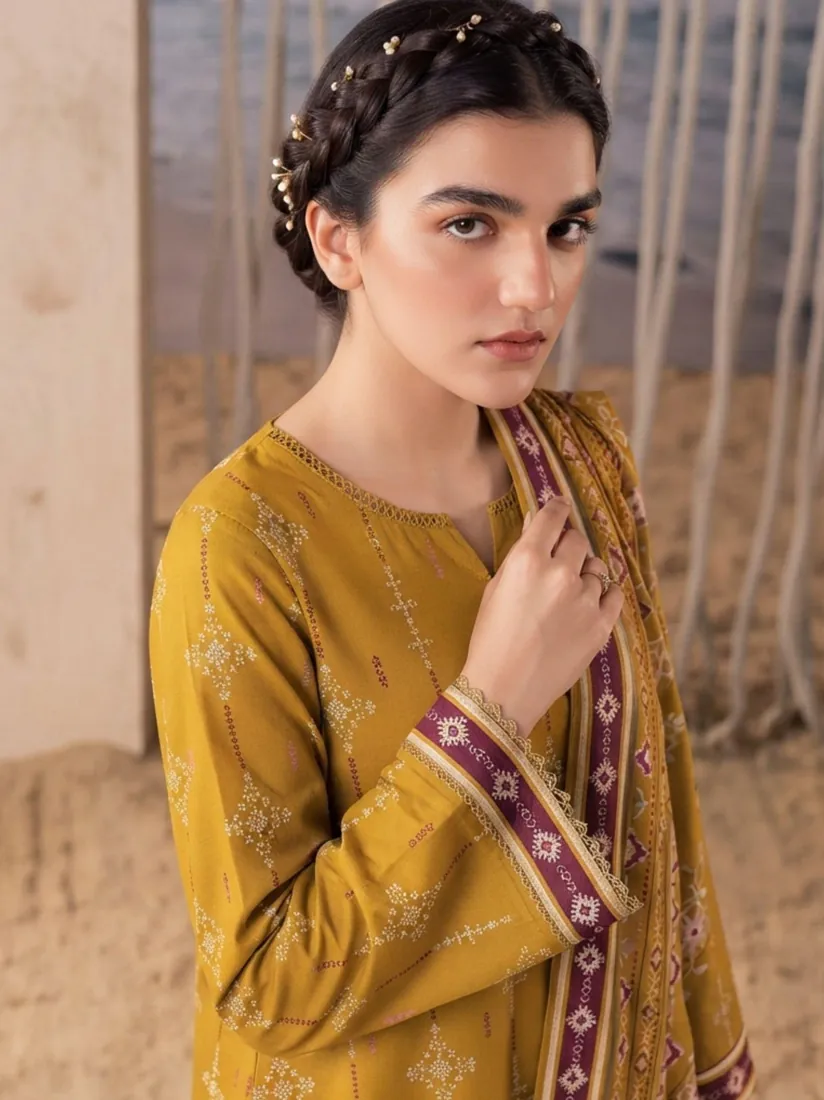Mustard Yellow Printed Khaddar 3-Piece Winter Collection - image 2