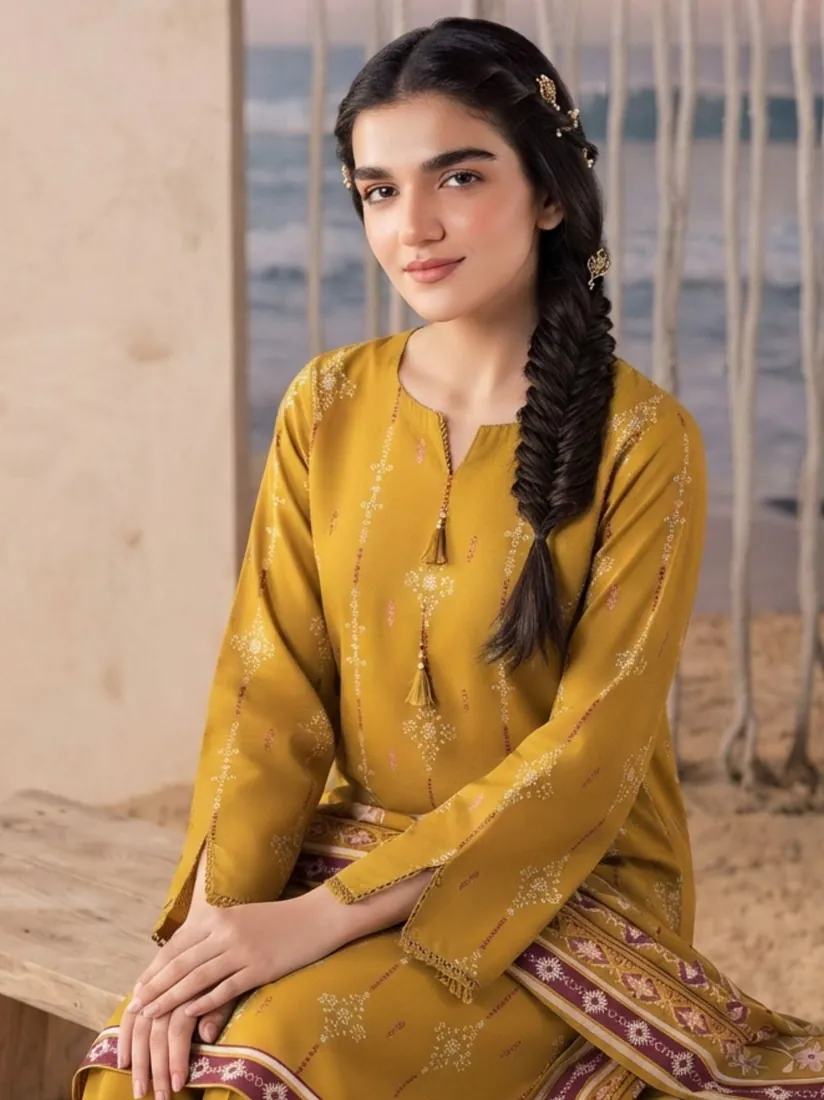 Mustard Yellow Printed Khaddar 3-Piece Winter Collection - image 5