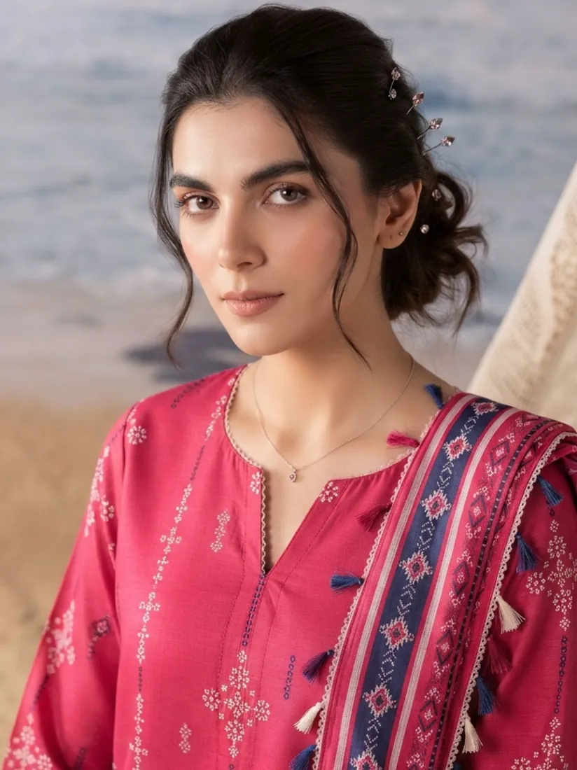 Hot Pink Printed Khaddar 3-Piece Winter Collection - image 3