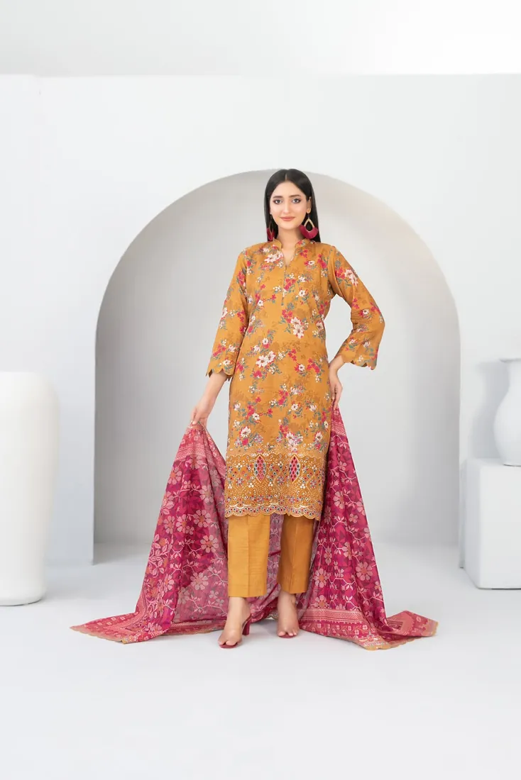 Mustard Embroidered Printed Khaddar 3-Piece Winter Collection - image 1