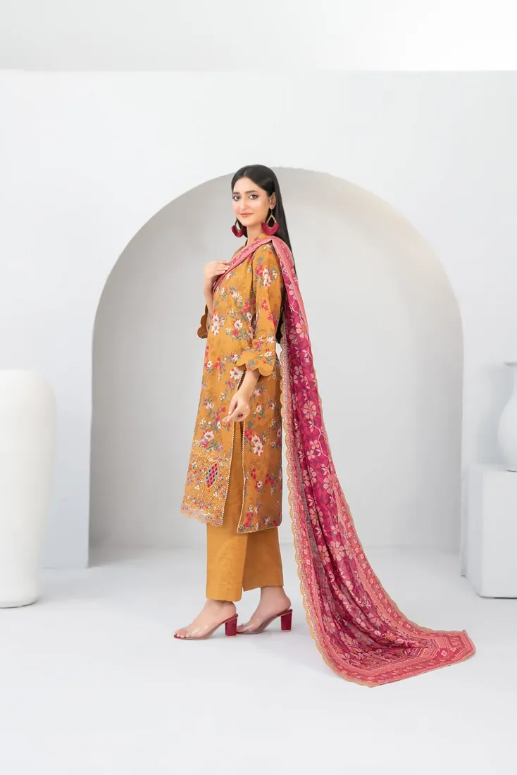Mustard Embroidered Printed Khaddar 3-Piece Winter Collection - image 2