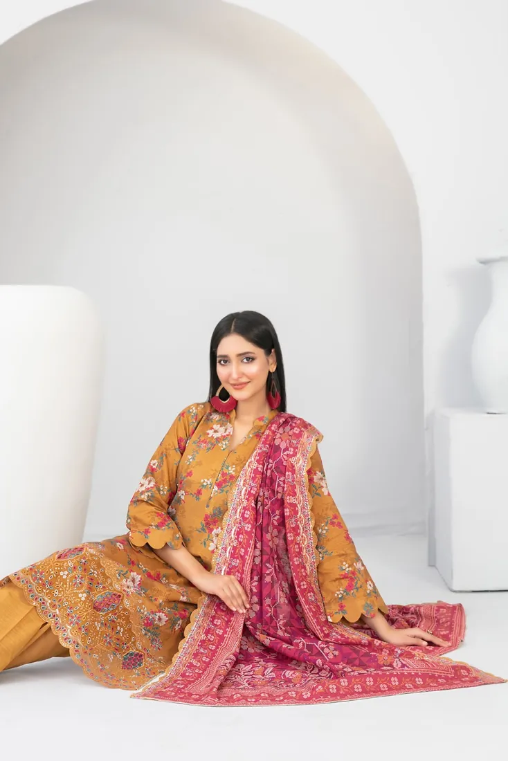 Mustard Embroidered Printed Khaddar 3-Piece Winter Collection - image 3